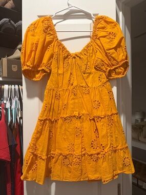 Ara Yellow Eyelet Puff-Sleeve Tiered Dress